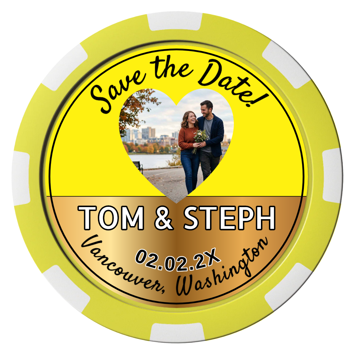 Save the Date Hearts Composite Poker Chips - Yellow / 8 Spot - Front