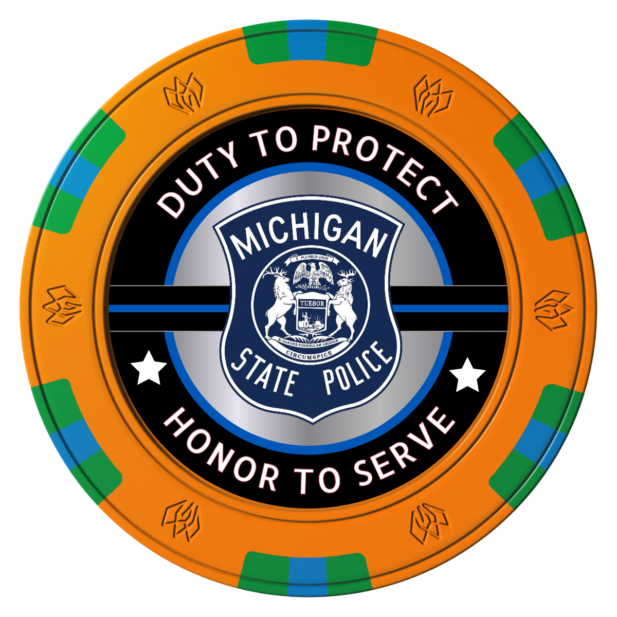 Police Department #01 Clay Poker Chips - Orange / 6 Spot Gem / 40mm - Front