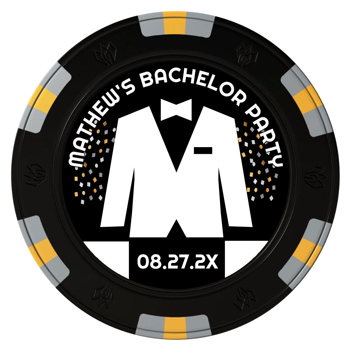 Bachelor No More Bowtie Clay Poker Chips - Black / 6 Spot Gem / 40mm - Front