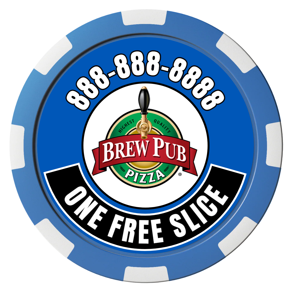 Brew Pub or Pizzeria with Logo Magnetic Composite Poker Chips - Blue / 8 Spot - Front
