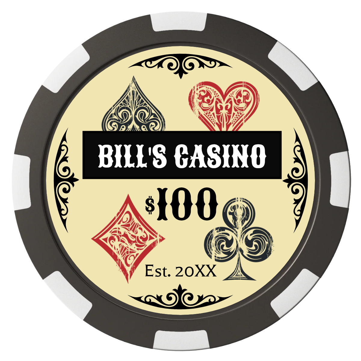 Vintage Four Suits Magnetic Composite Poker Chips - Black / 8 Spot - Front