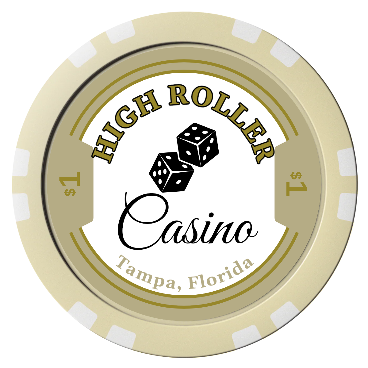 High Roller Casino Composite Poker Chips - Ivory / Double Stripe - Front