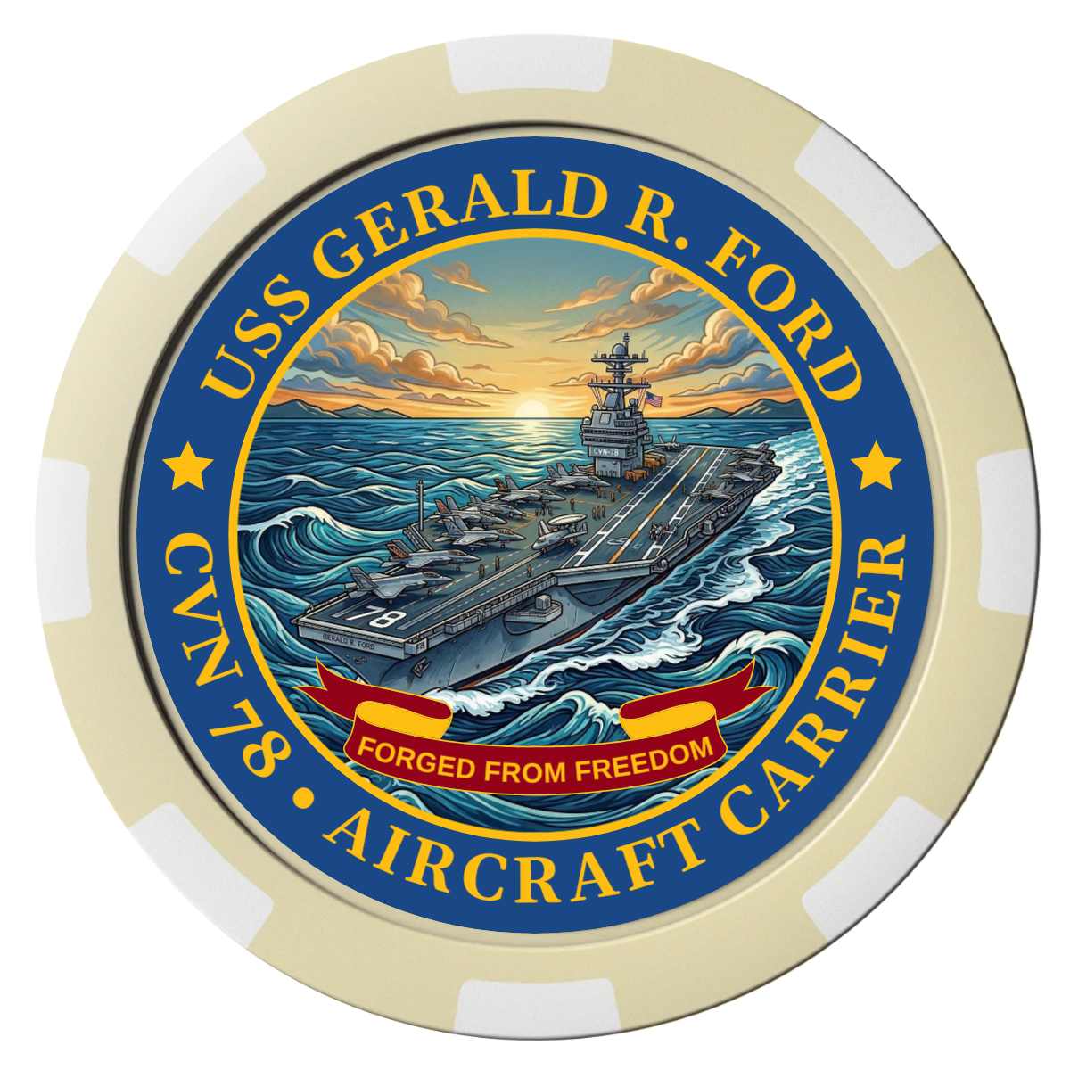 Navy USS Gerald Ford Magnetic Composite Poker Chips - Ivory / 8 Spot - Front