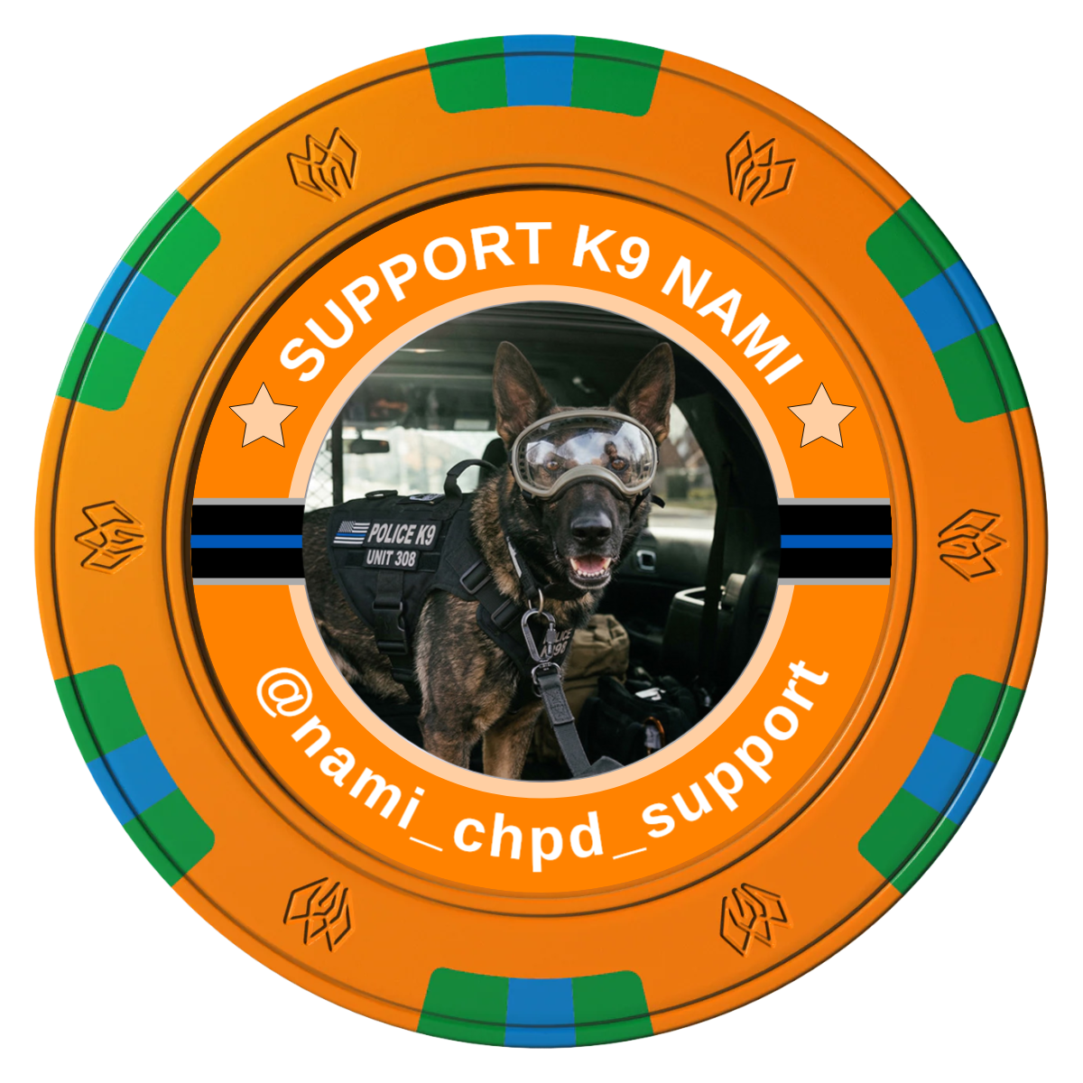 Police Department K9 #02 Clay Poker Chips - Orange / 6 Spot Gem / 43mm - Front