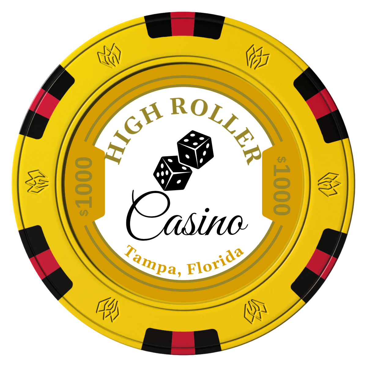 High Roller Casino Clay Poker Chips - Yellow / 6 Spot Gem / 43mm - Front