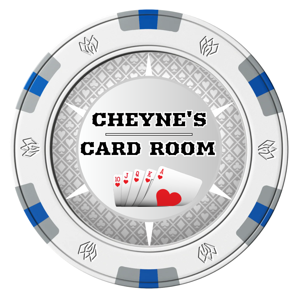 Cheyne's Card Room Clay Poker Chips - White / 6 Spot Gem / 43mm - Front