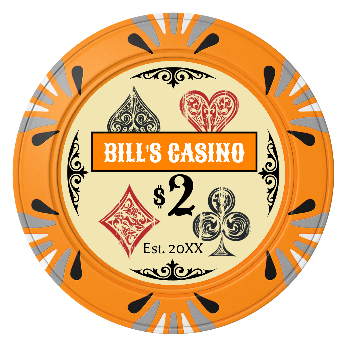 Vintage Four Suits Clay Poker Chips - Orange / Macau / 40mm - Front