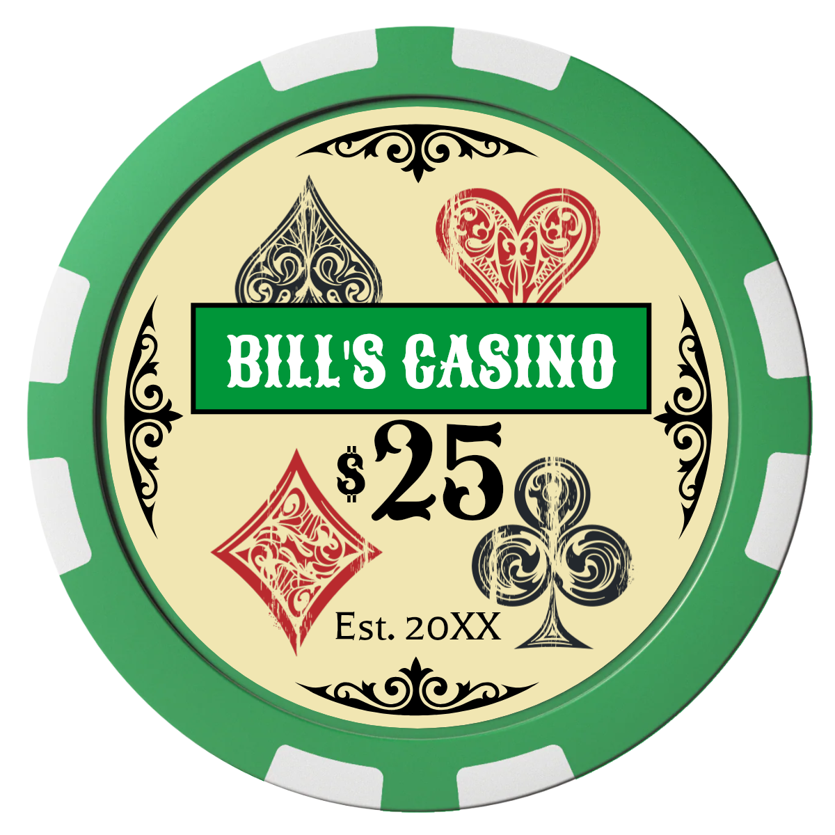 Vintage Four Suits Composite Poker Chips - Green / 8 Stripe - Front