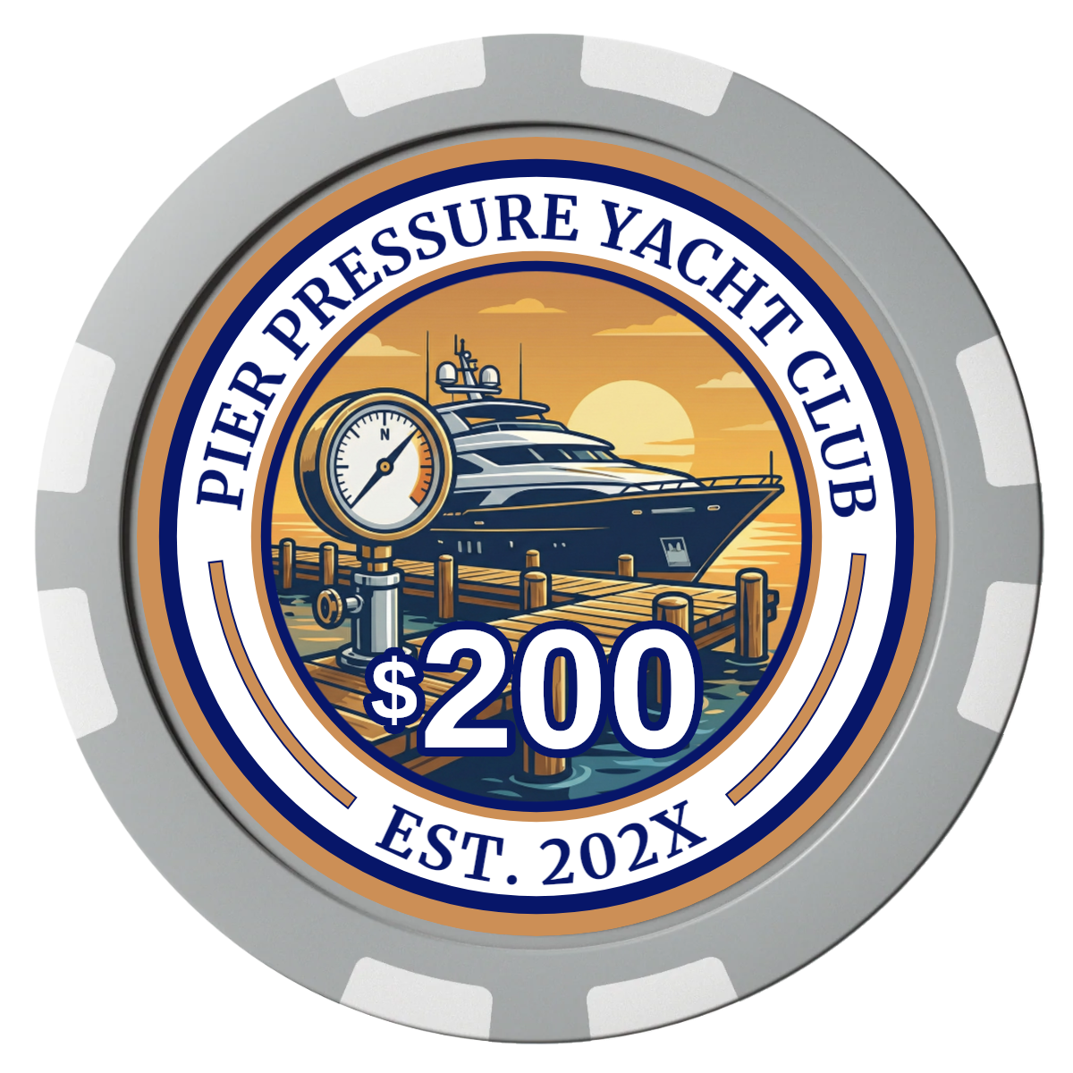 Anchor Down Card Room Composite Poker Chips - Gray / 8 Stripe - Front