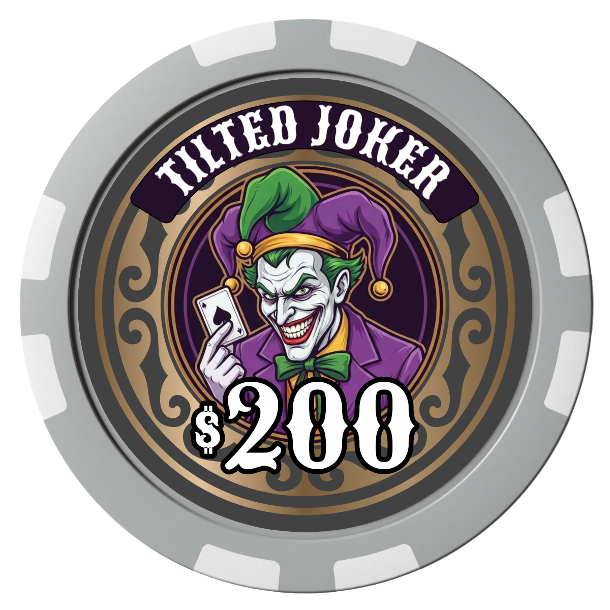 Tilted Joker Composite Poker Chips - Gray / 8 Stripe - Front