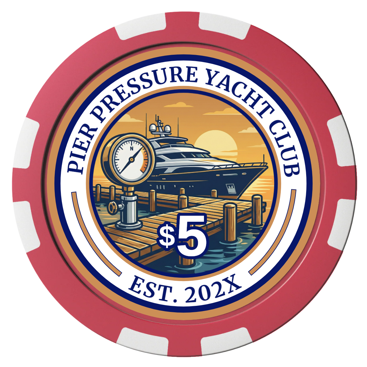 Anchor Down Card Room Composite Poker Chips - Red / 8 Stripe - Front