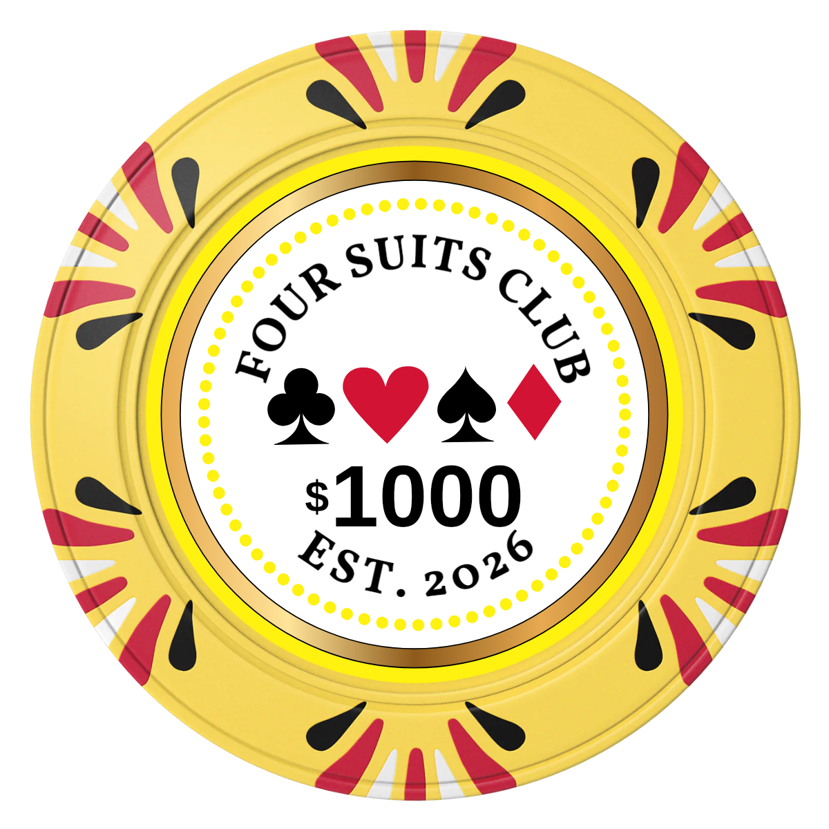 Fours Suits Club Clay Poker Chips - Yellow / Macau / 40mm - Front