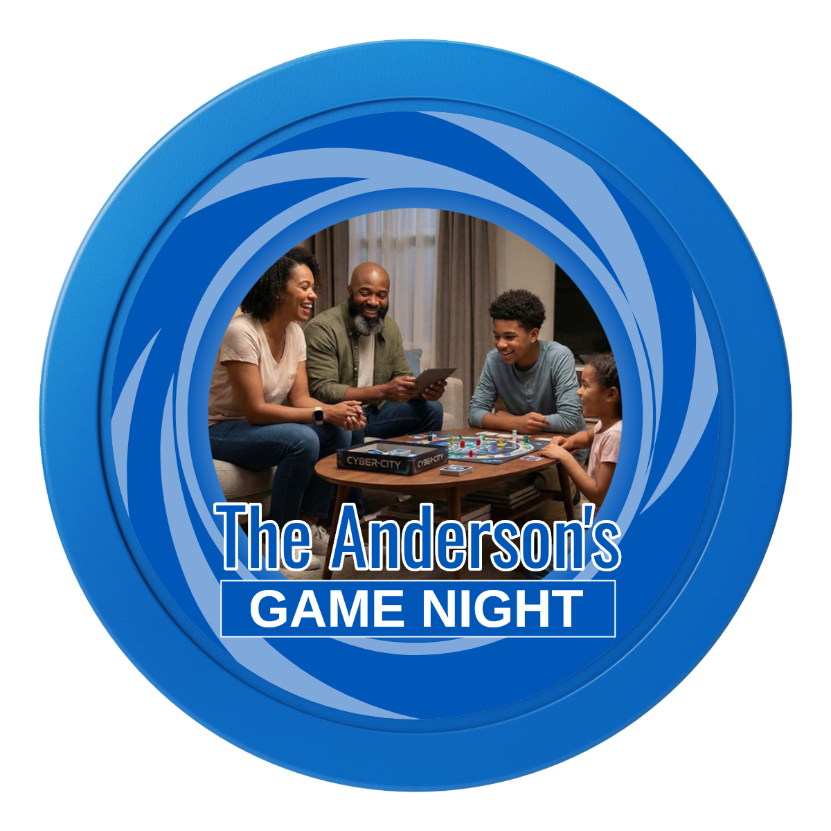 Anderson's Game Night 2" Oversized Poker Chip - Custom Dealer Button & Card Protector - Blue - Front