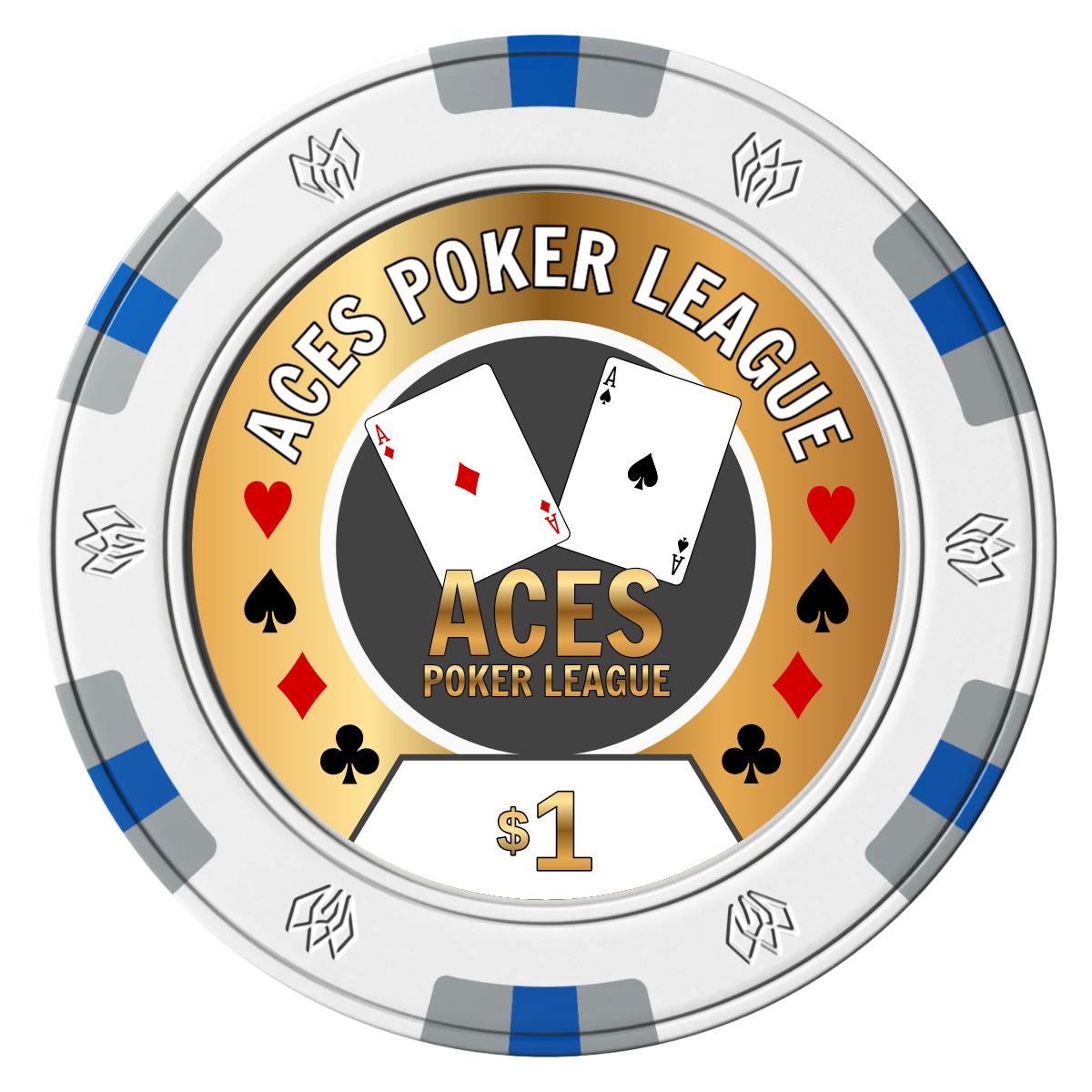 Aces Poker League Clay Poker Chips - White / 6 Spot Gem / 43mm - Front
