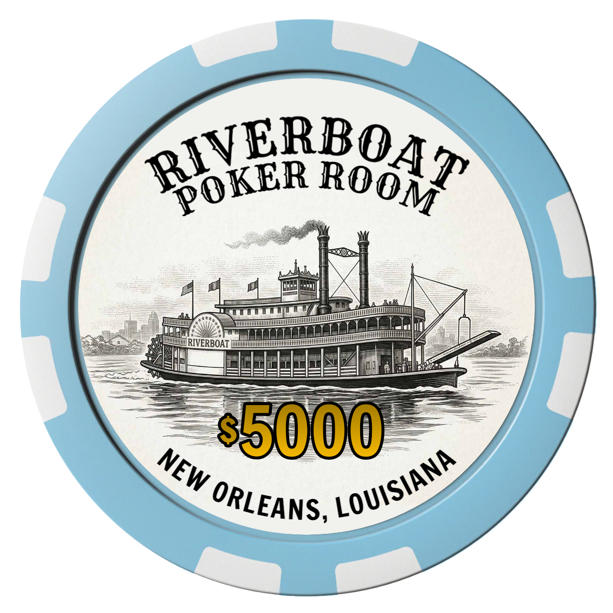 Riverboat Poker Room Composite Poker Chips - Light Blue / 8 Stripe - Front