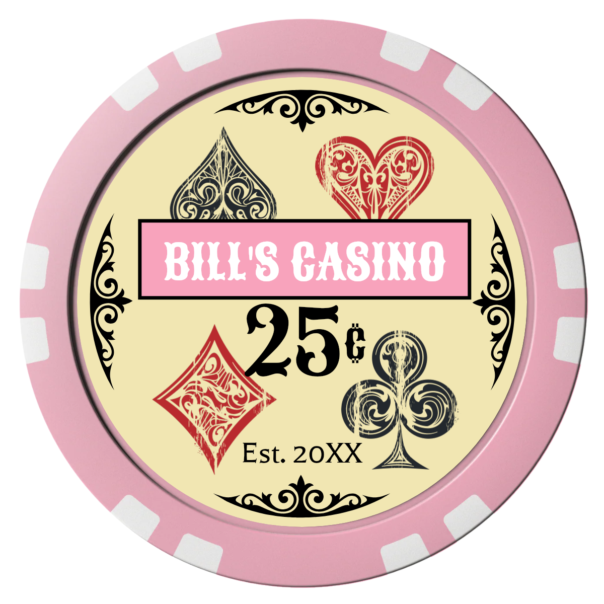 Vintage Four Suits Composite Poker Chips - Pink / Double Stripe - Front