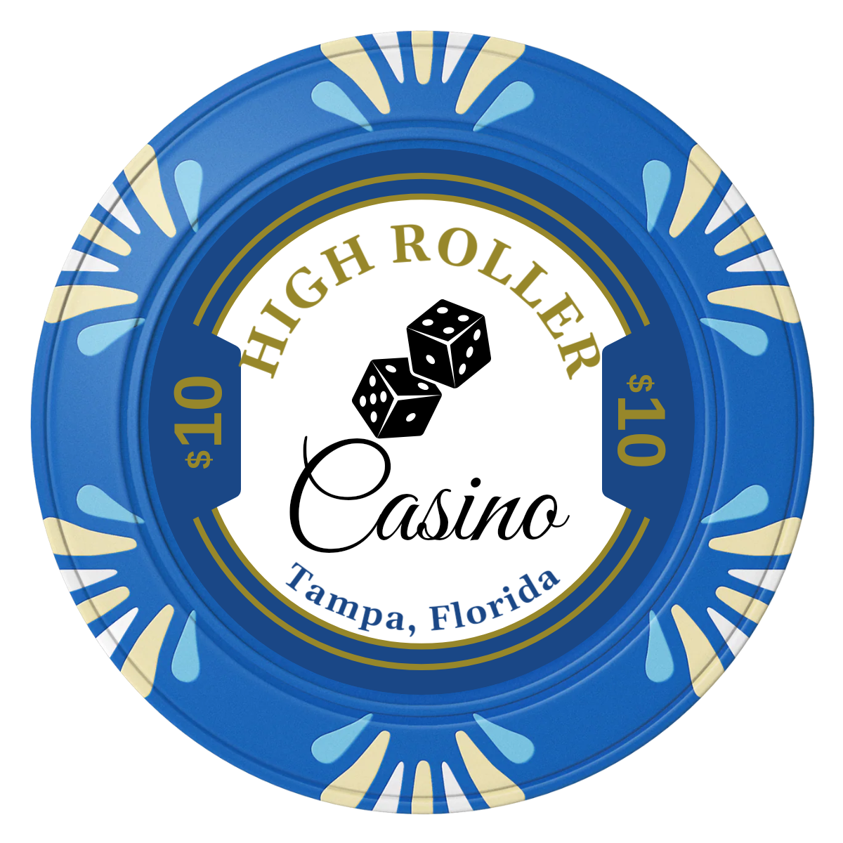 High Roller Casino Clay Poker Chips - Blue / Macau / 40mm - Front