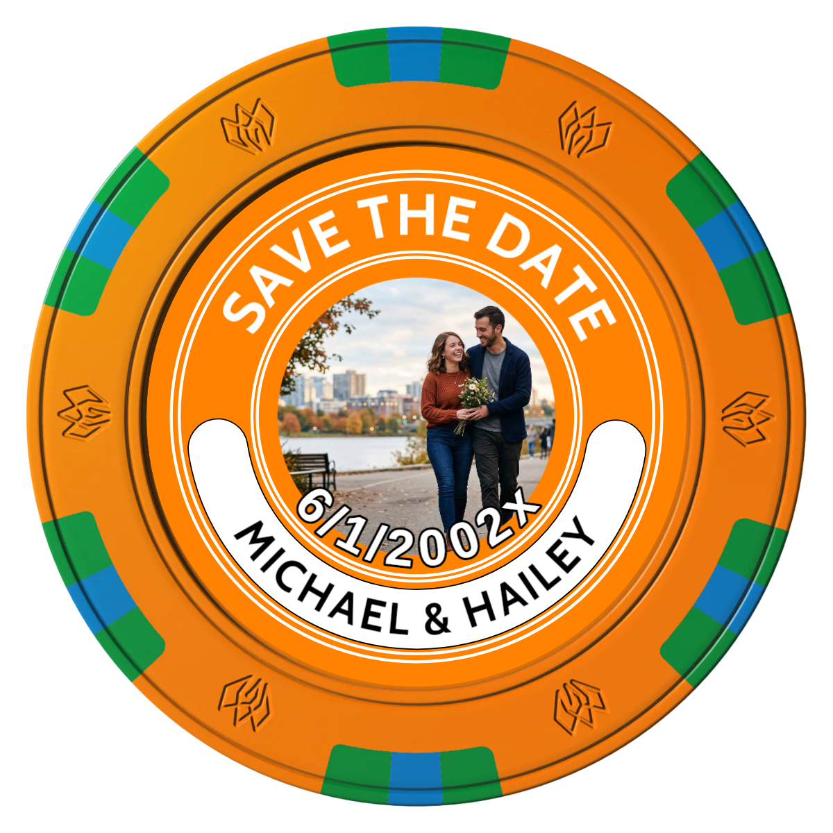 Save the Date Photo QR Code Clay Poker Chips - Orange / 6 Spot Gem / 40mm - Front