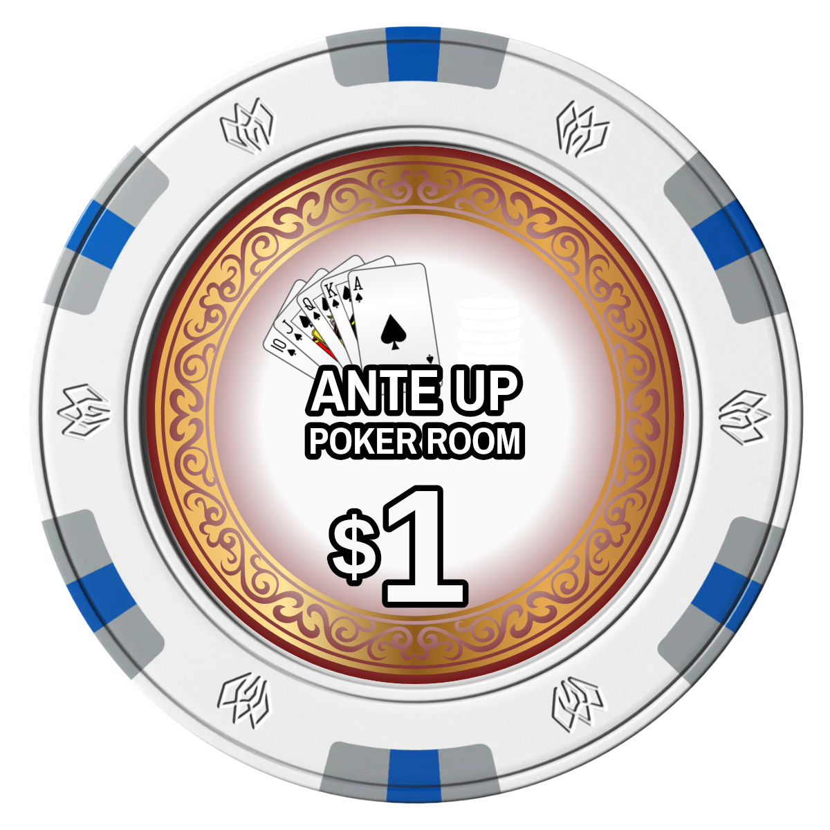 Ante Up Poker Room Clay Poker Chips - White / 6 Spot Gem / 40mm - Front