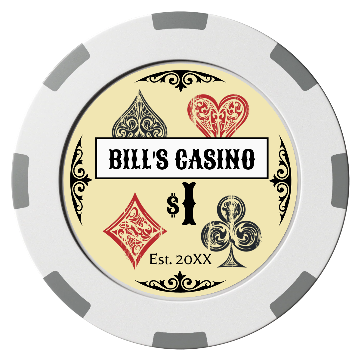 Vintage Four Suits Clay Poker Chips - White / 8 Spot (2 Tone) / 40mm - Front