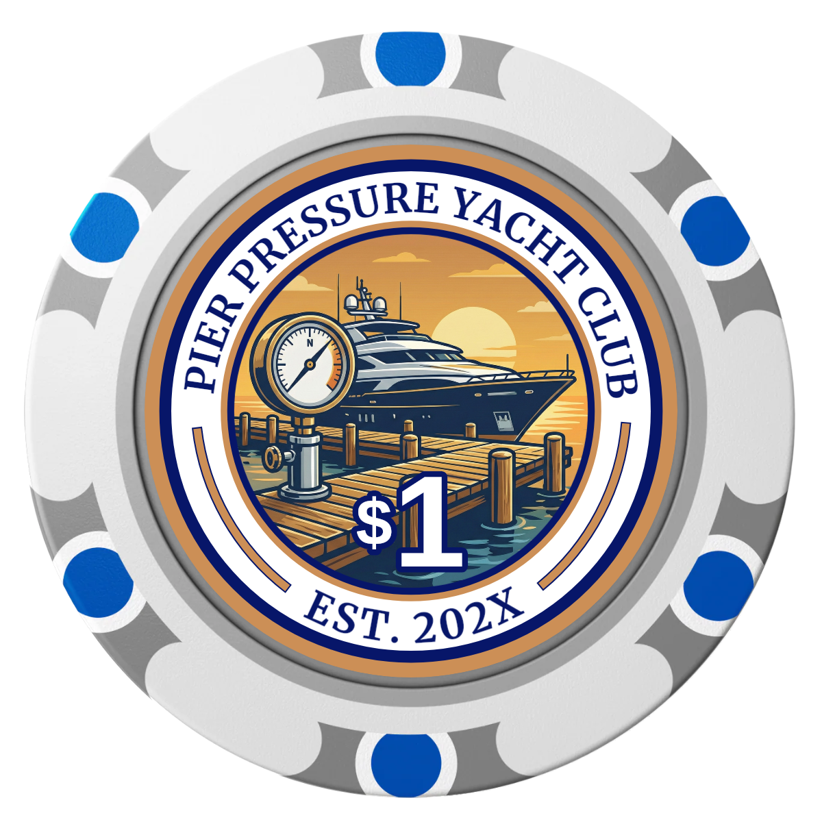 Anchor Down Card Room Clay Poker Chips - White / Monte Carlo / 40mm - Front