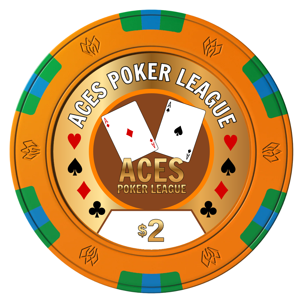 Aces Poker League Clay Poker Chips - Orange / 6 Spot Gem / 43mm - Front