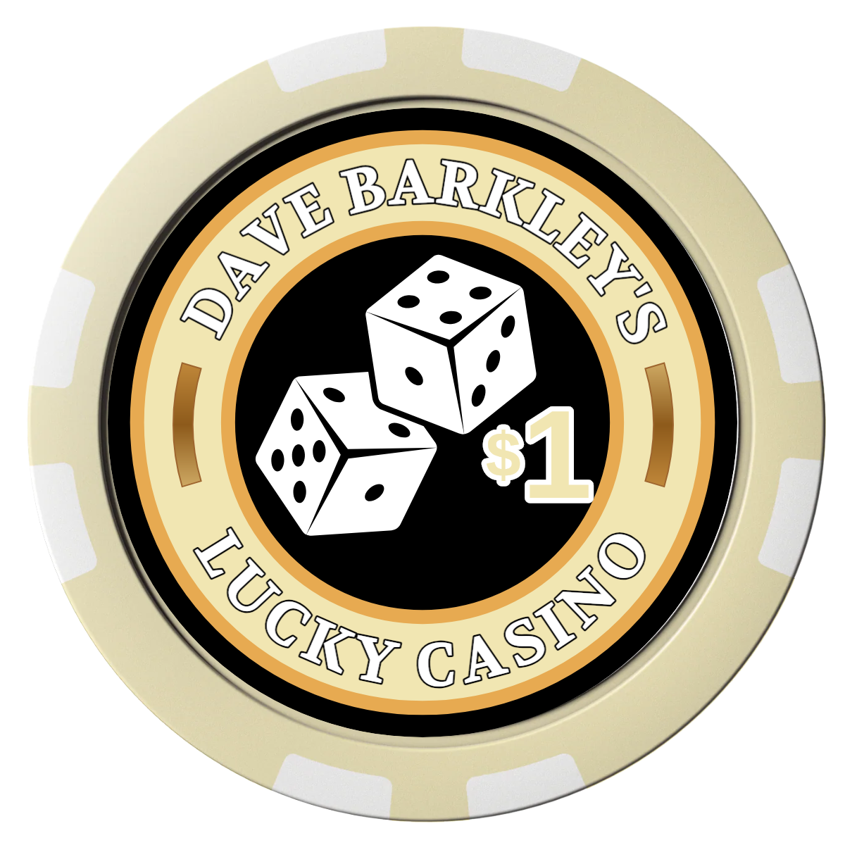 Dave's Lucky Casino Composite Poker Chips - Ivory / 8 Stripe - Front