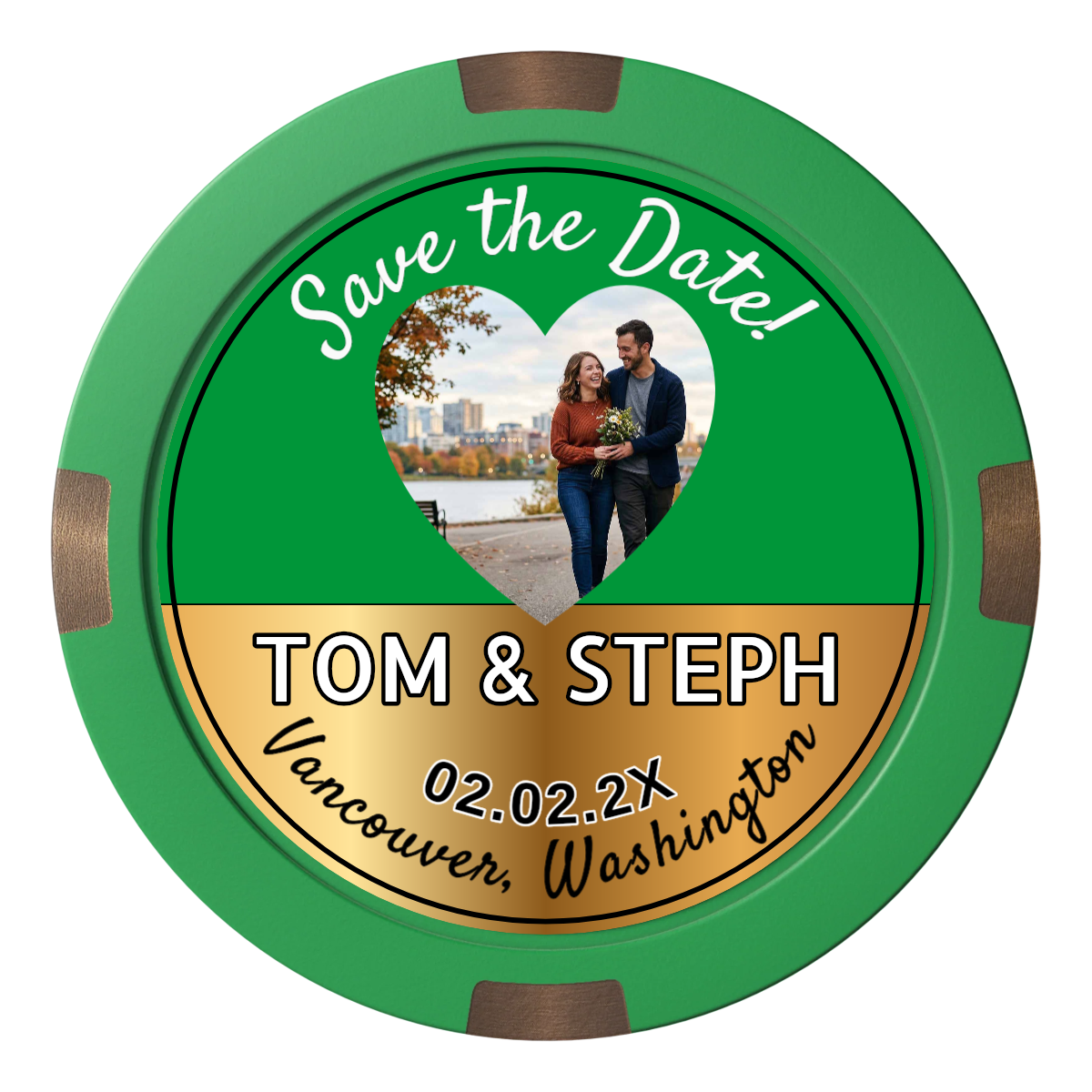 Save the Date Hearts Composite & Metal Hybrid Poker Chips - Green - Back