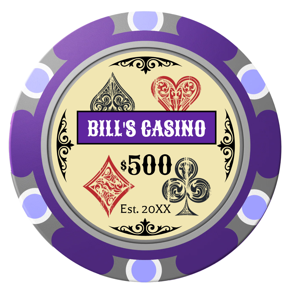 Vintage Four Suits Clay Poker Chips - Purple / Monte Carlo / 40mm - Front