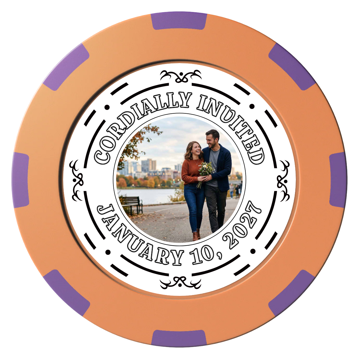Save the Date Element Clay Poker Chips - Orange / 8 Spot (2 Tone) / 40mm - Front