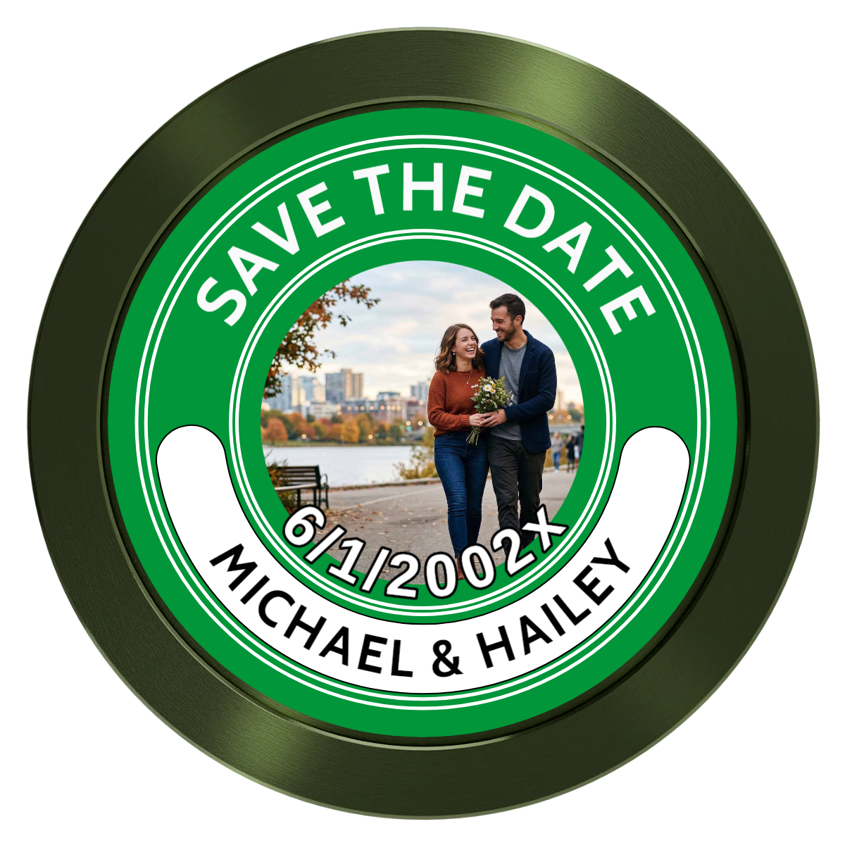 Save the Date Photo QR Code Aluminum Poker Chips - Green - Front