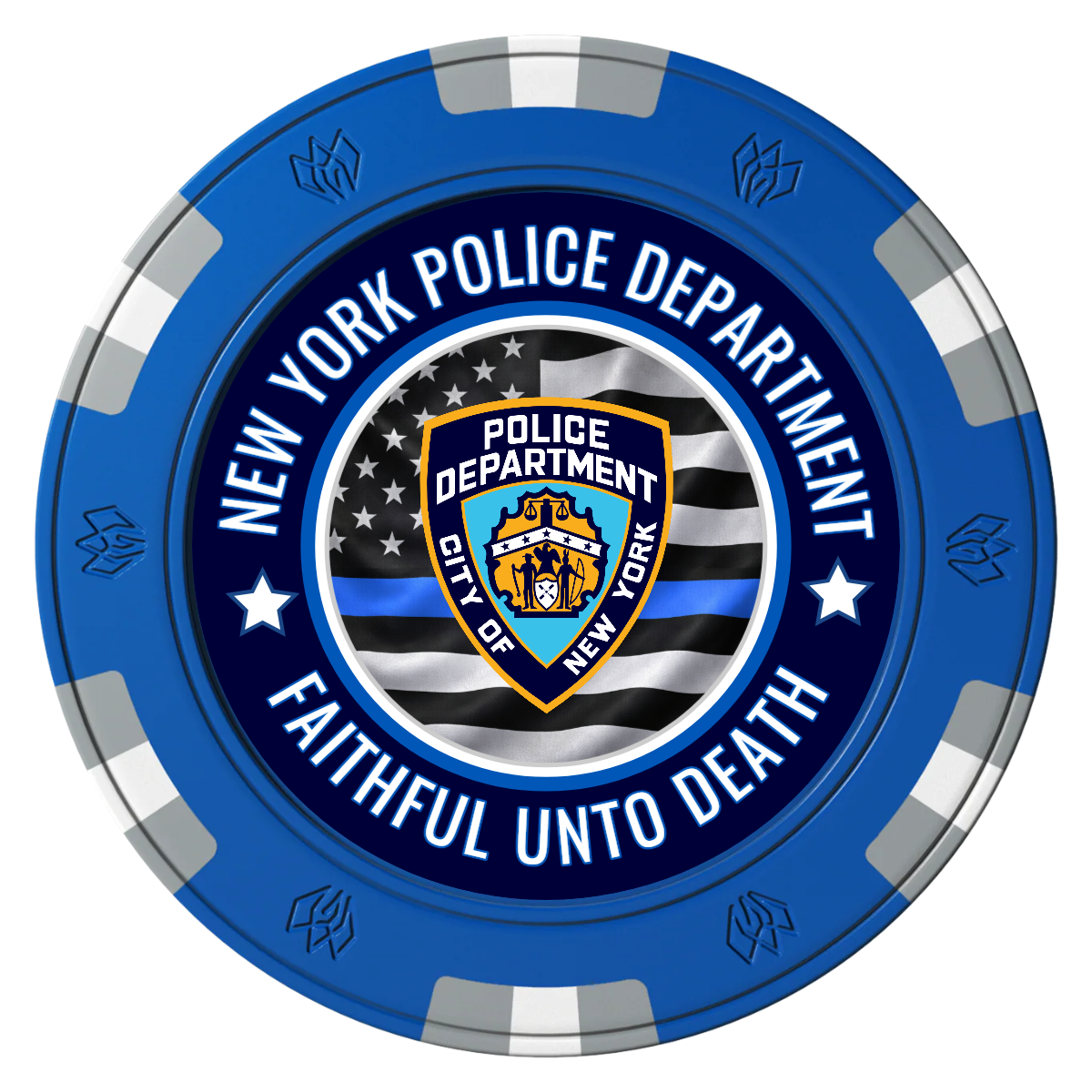 NYPD Safe and Fair Clay Poker Chips - Blue / 6 Spot Gem / 40mm - Front