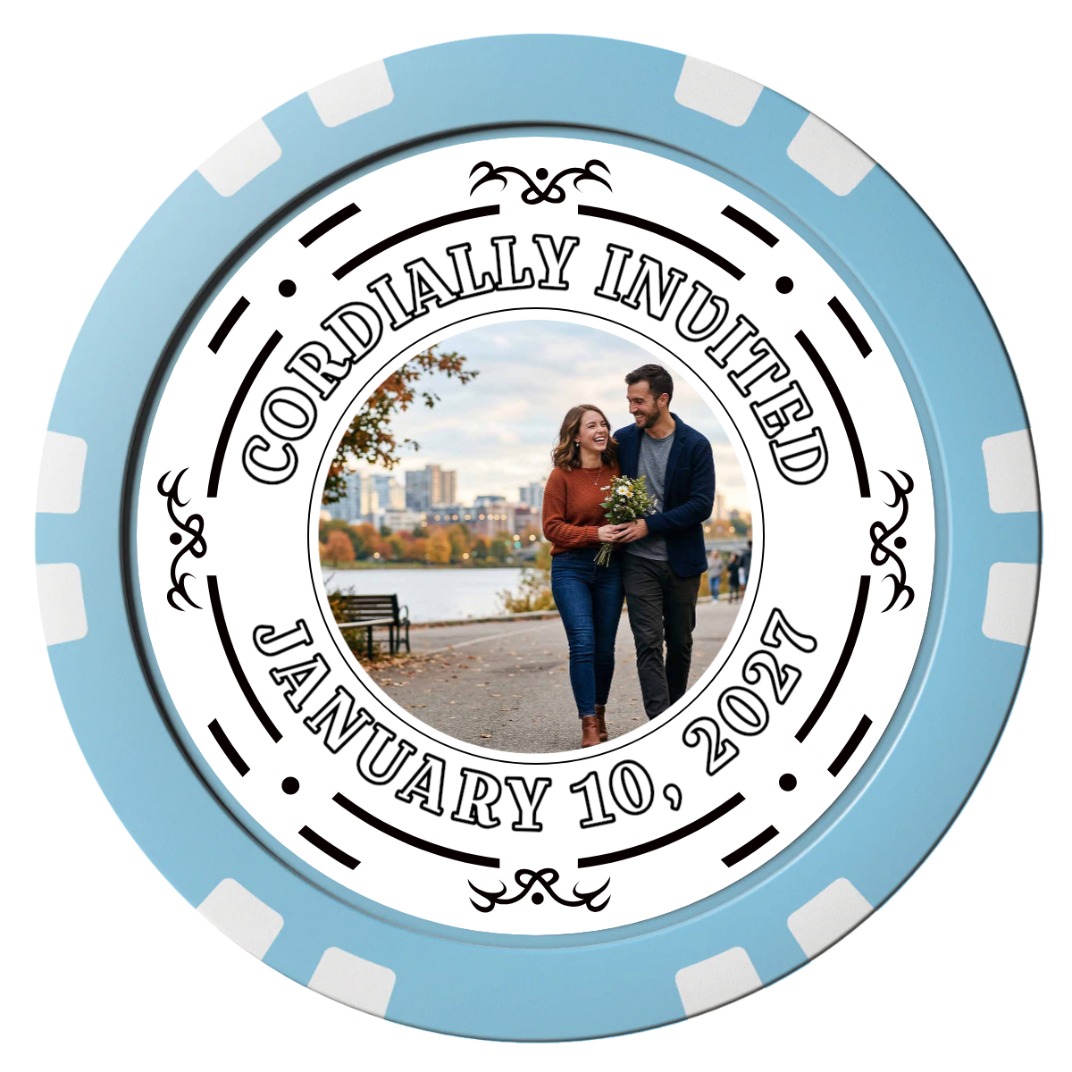 Save the Date Element Composite Poker Chips - Light Blue / Double Stripe - Front