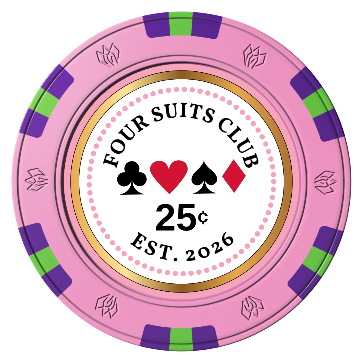 Fours Suits Club Clay Poker Chips - Pink / 6 Spot Gem / 40mm - Front