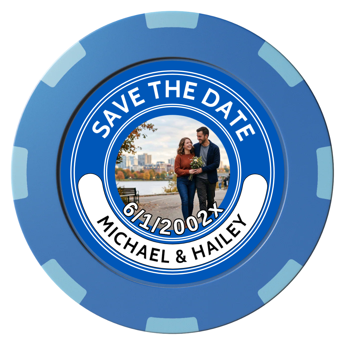 Save the Date Photo QR Code Clay Poker Chips - Blue / 8 Spot (2 Tone) / 40mm - Front