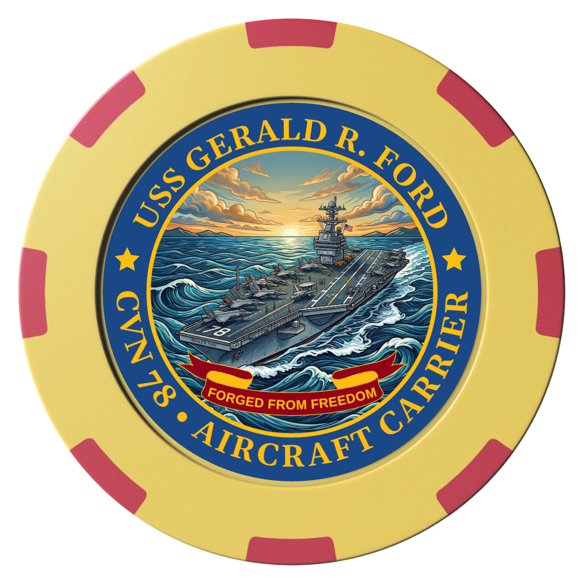 Navy USS Gerald Ford Clay Poker Chips - Yellow / 8 Spot (2 Tone) / 40mm - Front