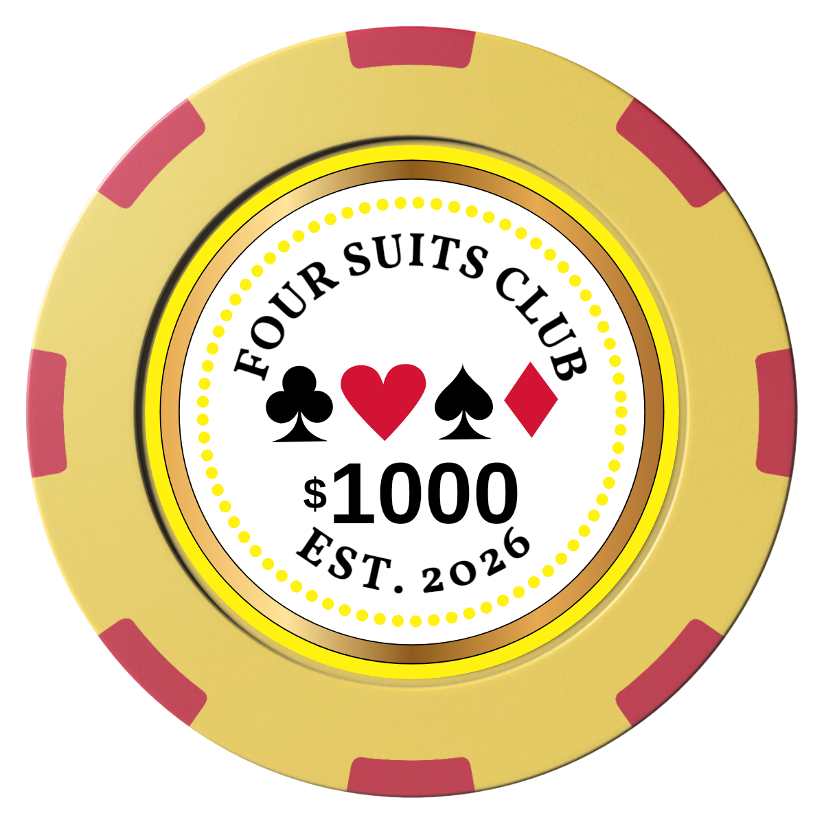 Fours Suits Club Clay Poker Chips - Yellow / 8 Spot (2 Tone) / 40mm - Front