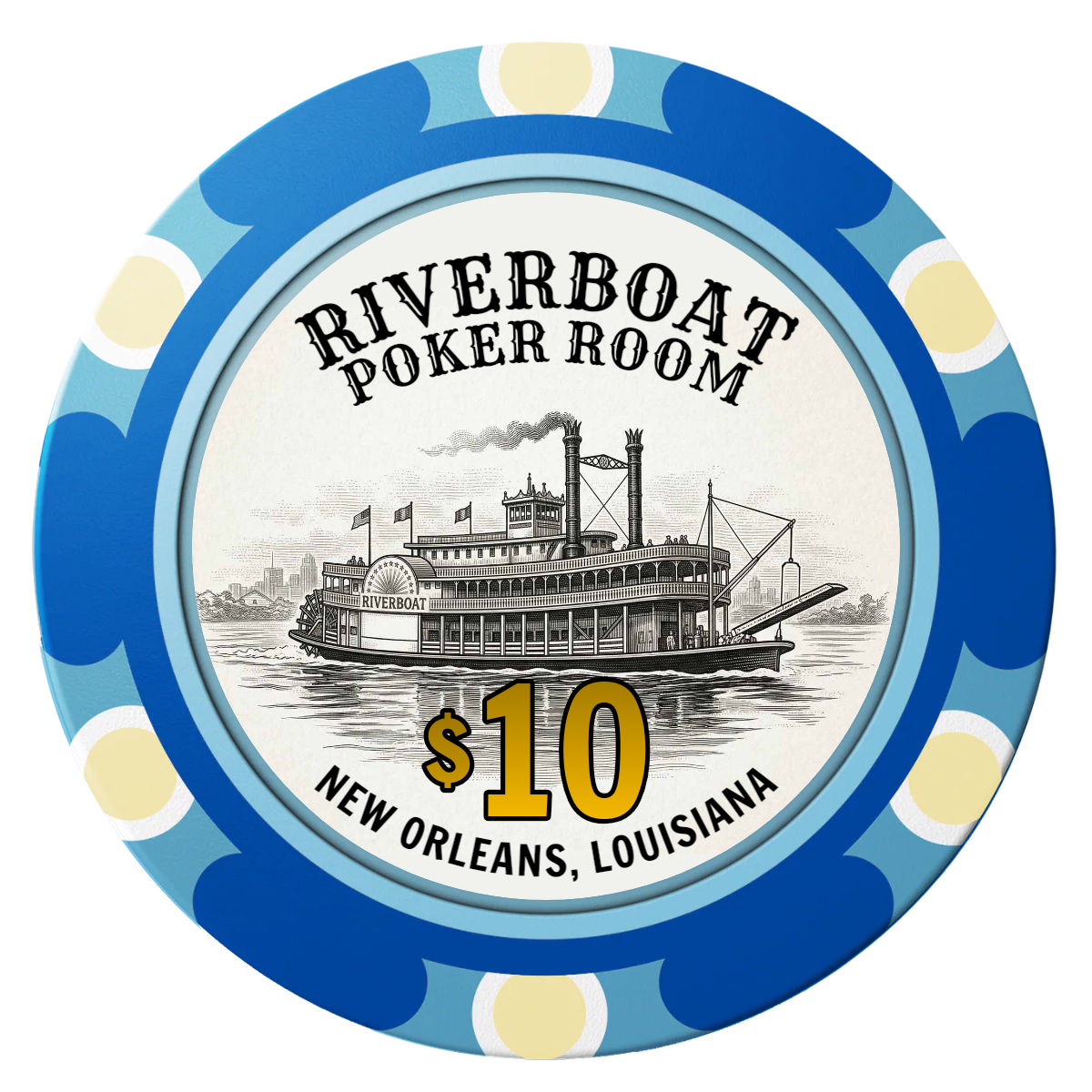 Riverboat Poker Room Clay Poker Chips - Blue / Monte Carlo / 40mm - Front