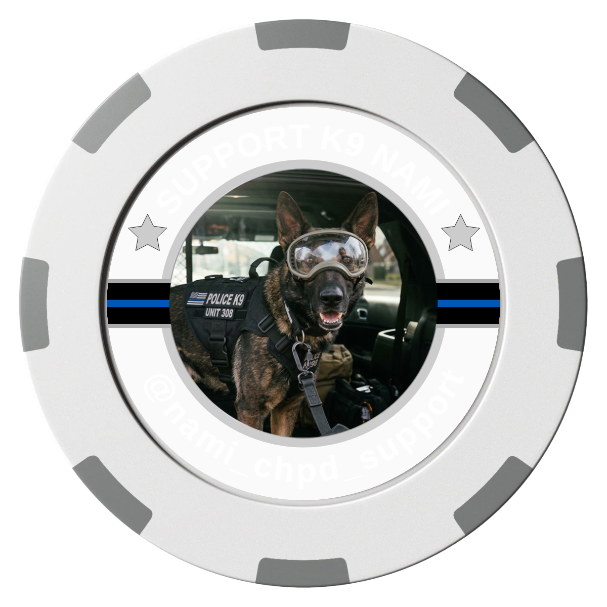 Police Department K9 #02 Clay Poker Chips - White / 8 Spot (2 Tone) / 40mm - Front