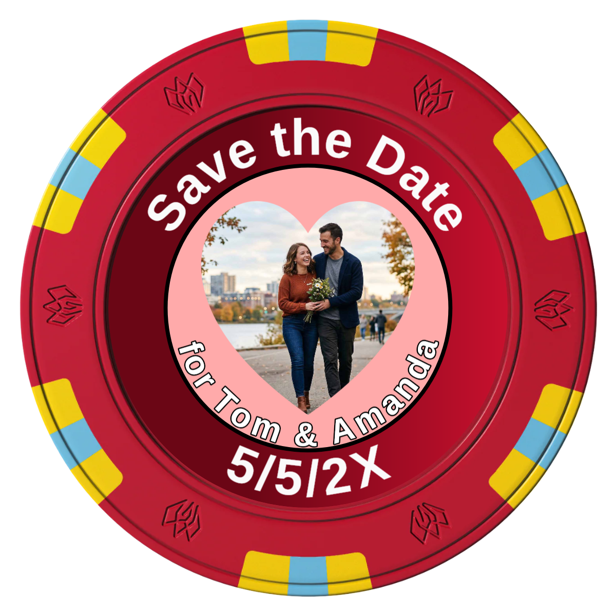 Save the Date #01 Clay Poker Chips - Red / 6 Spot Gem / 43mm - Front