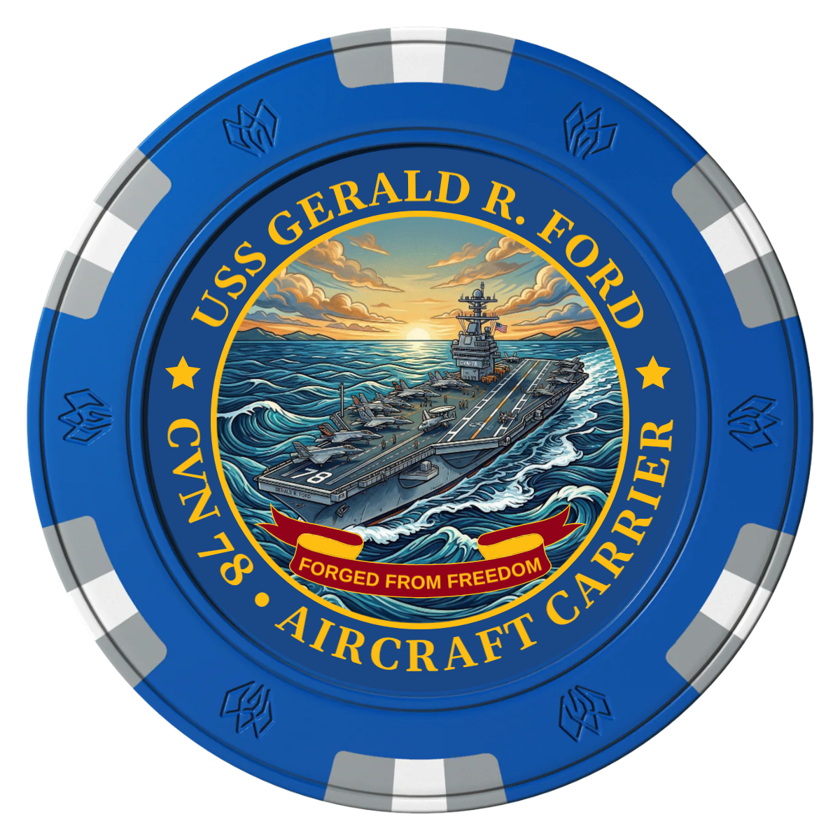 Navy USS Gerald Ford Clay Poker Chips - Blue / 6 Spot Gem / 43mm - Front