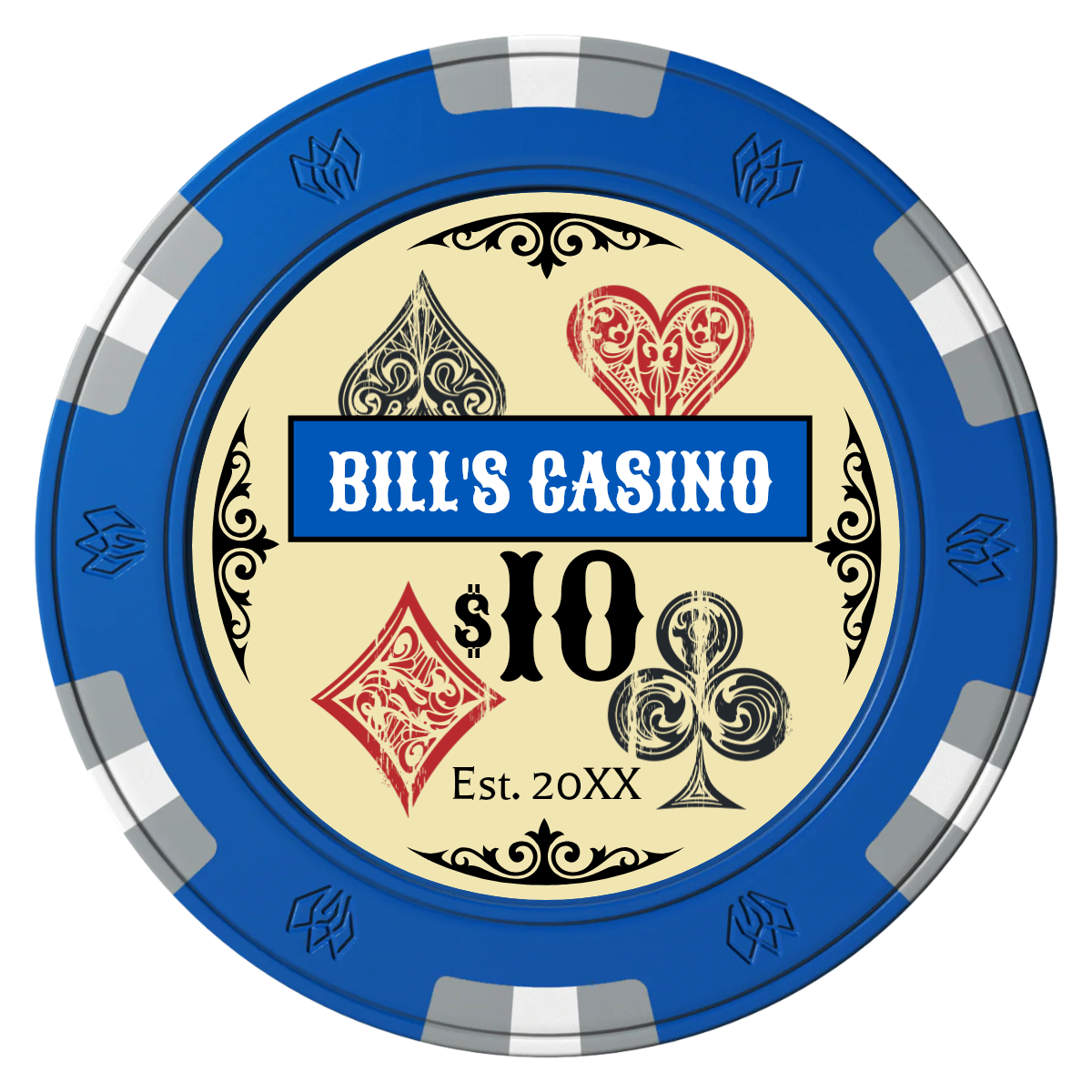 Vintage Four Suits Clay Poker Chips - Blue / 6 Spot Gem / 43mm - Front