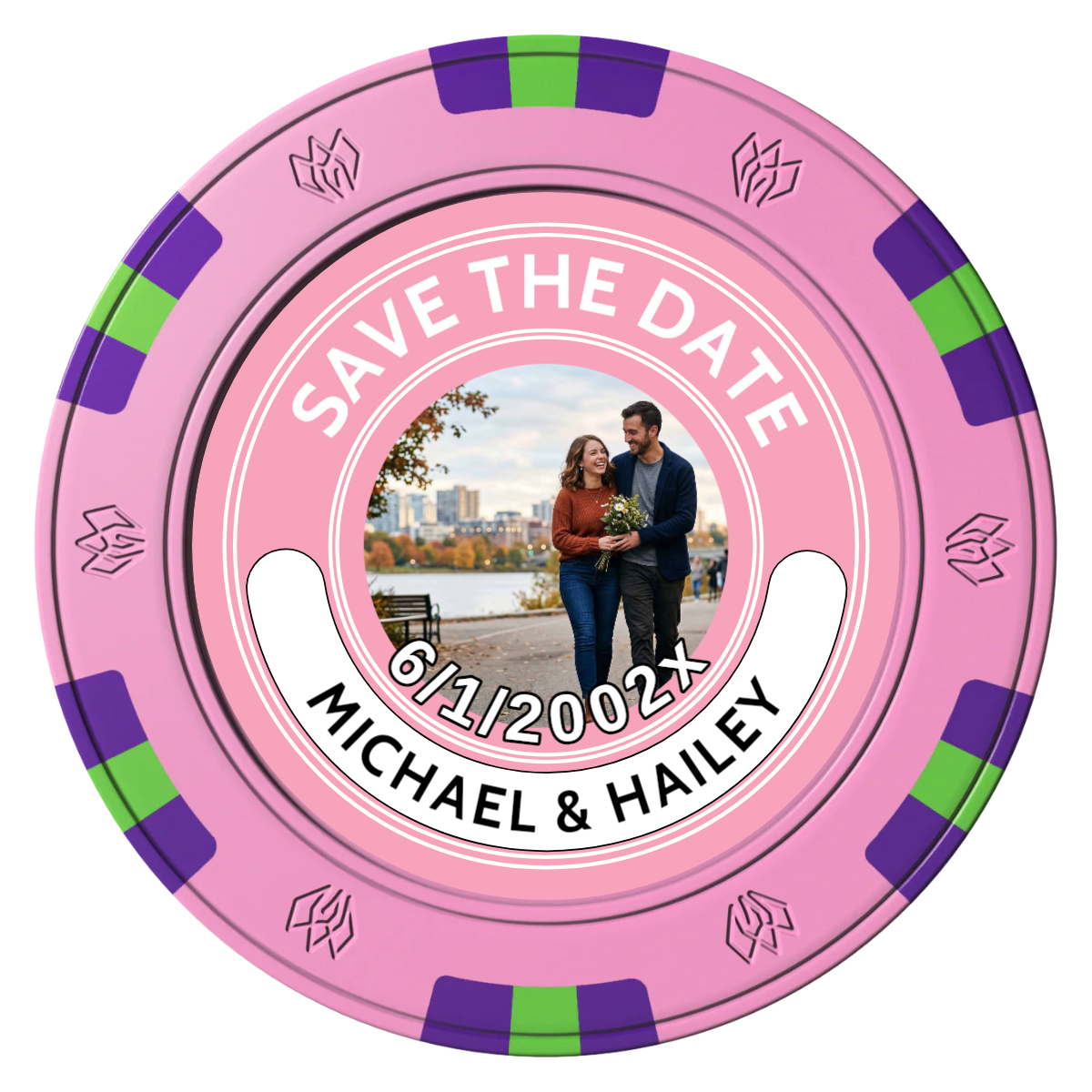 Save the Date Photo QR Code Clay Poker Chips - Pink / 6 Spot Gem / 43mm - Front