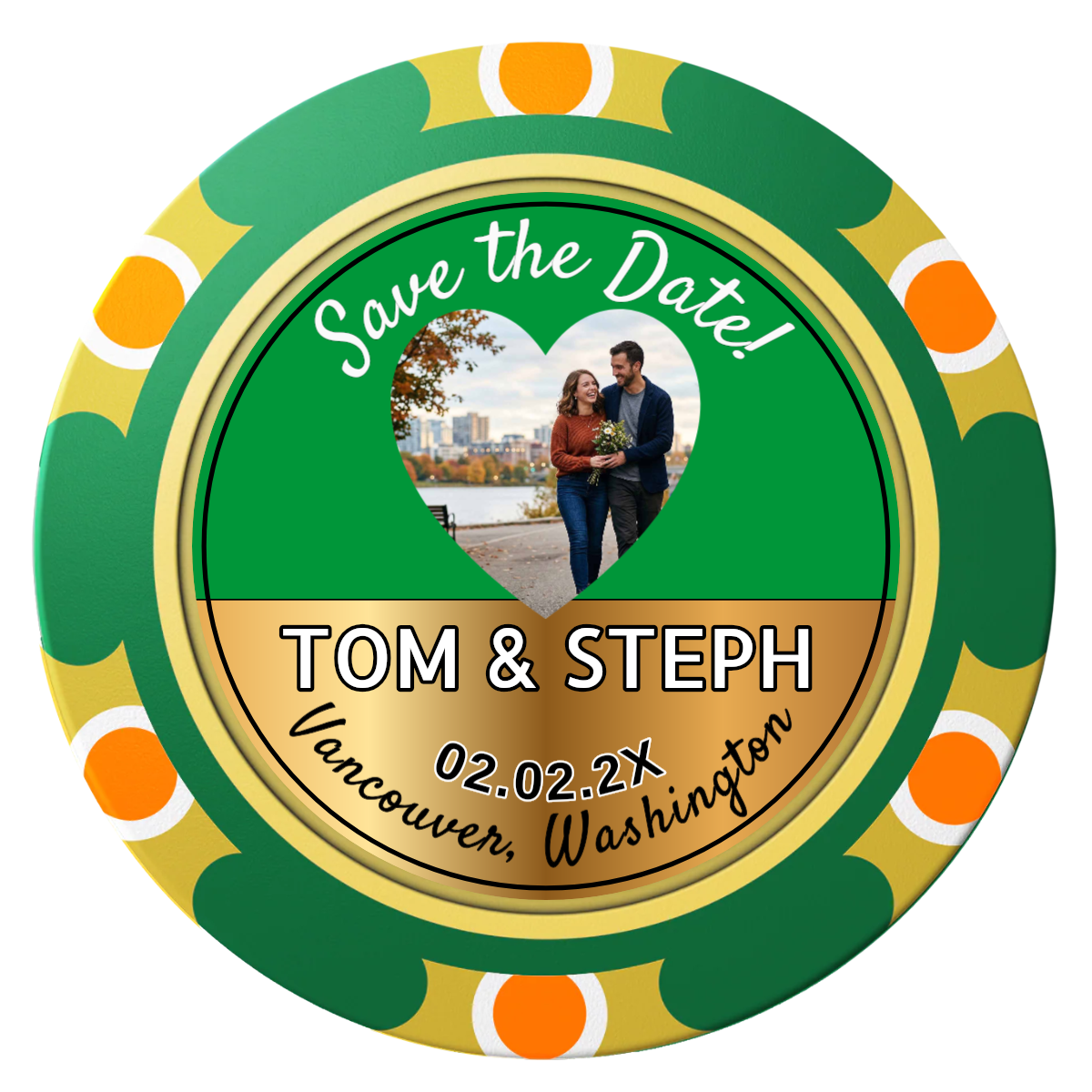 Save the Date Hearts Clay Poker Chips - Green / Monte Carlo / 40mm - Front