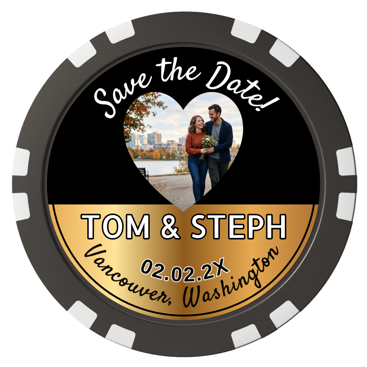 Save the Date Hearts Composite Poker Chips - Black / Double Stripe - Front