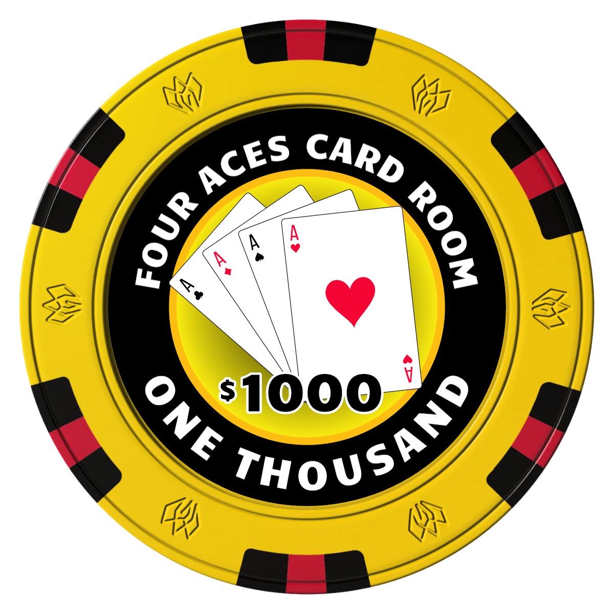 4 Aces Poker Room Clay Poker Chips - Yellow / 6 Spot Gem / 43mm - Front