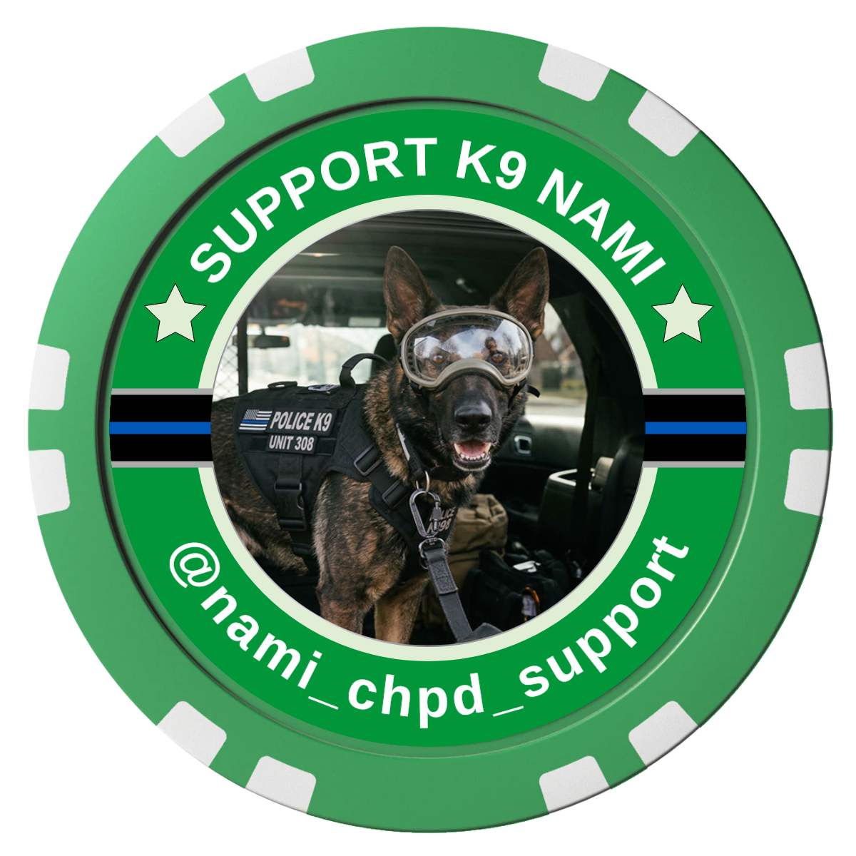 Police Department K9 #02 Composite Poker Chips - Green / Double Stripe - Front