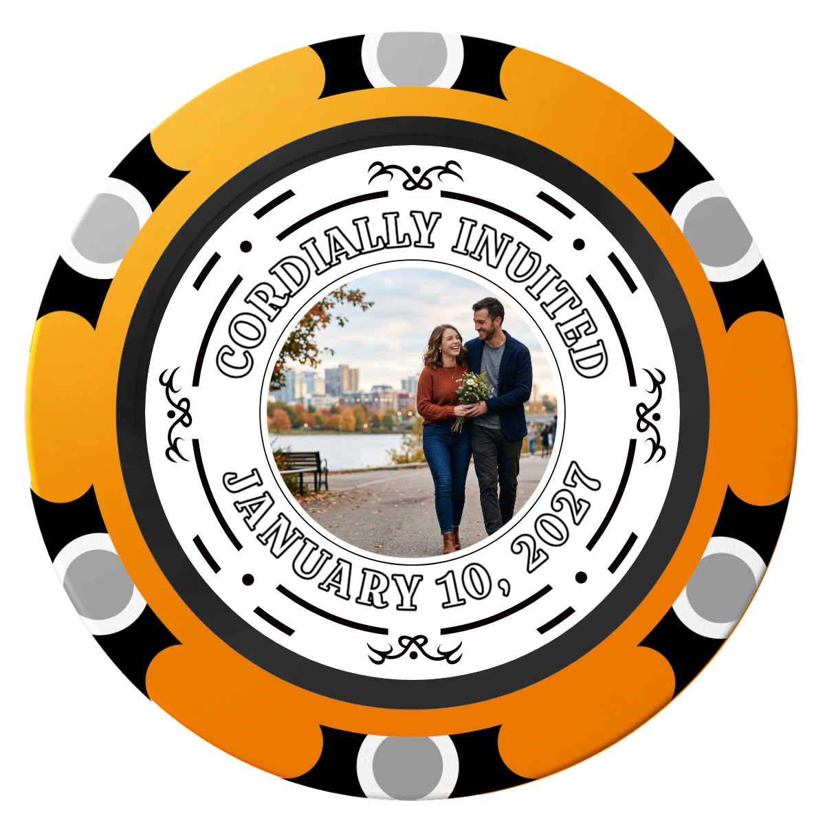 Save the Date Element Clay Poker Chips - Orange / Monte Carlo / 40mm - Front