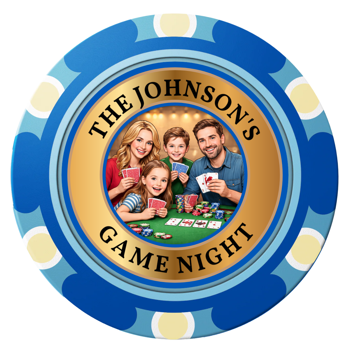 Family Game Night Clay Poker Chips - Blue / Monte Carlo / 40mm - Front