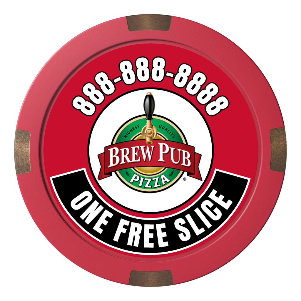 Brew Pub or Pizzeria with Logo Composite & Metal Hybrid Poker Chips - Red / 4 Spot - Front